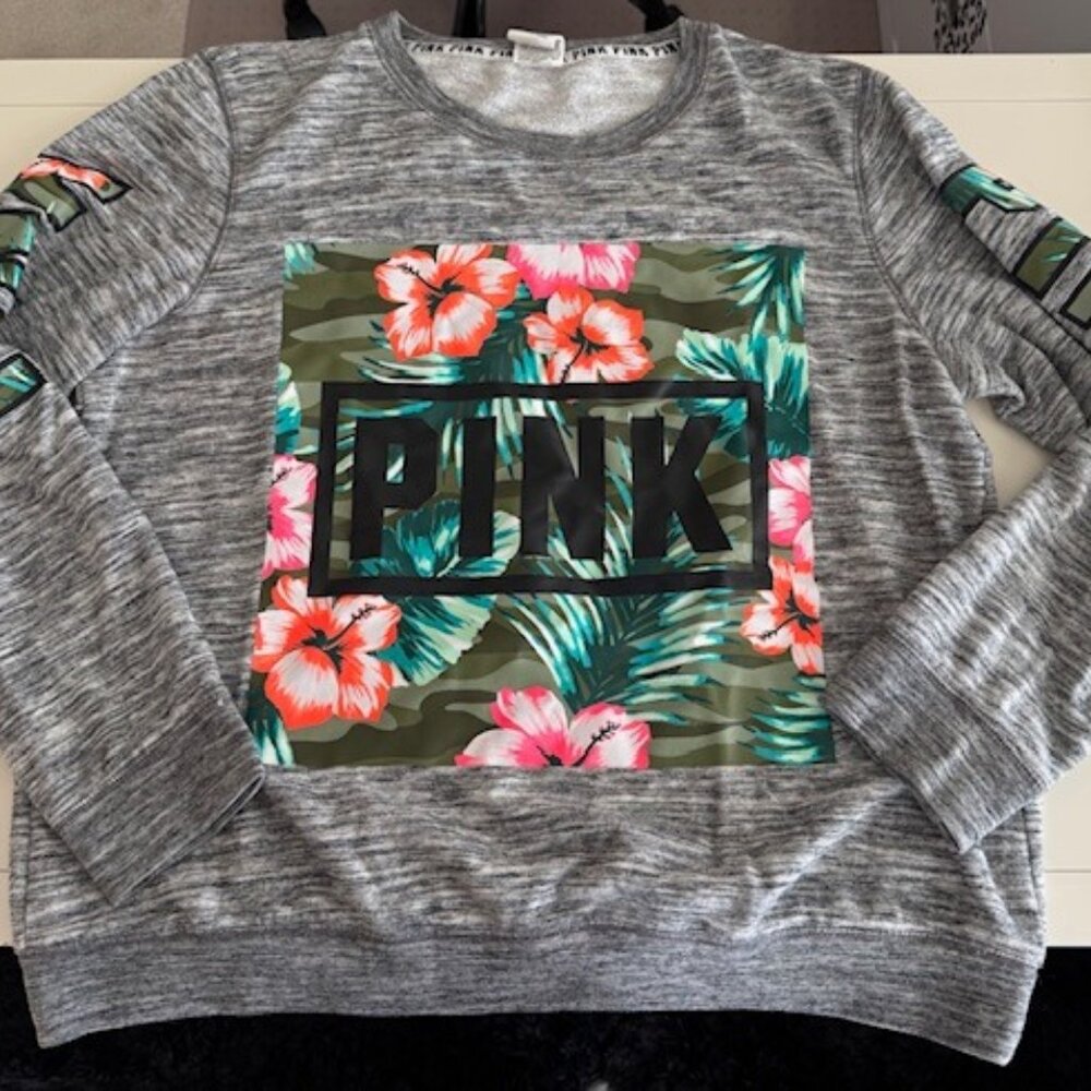 Victoria's Secret PINK Crew Neck Sweatshirt, Tropical/Grey, Large